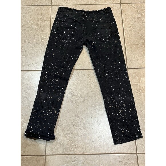 Vintage Qruel Jeans Mens 38x28 Black Paint Splattered Design Straight Leg - Picture 4 of 6